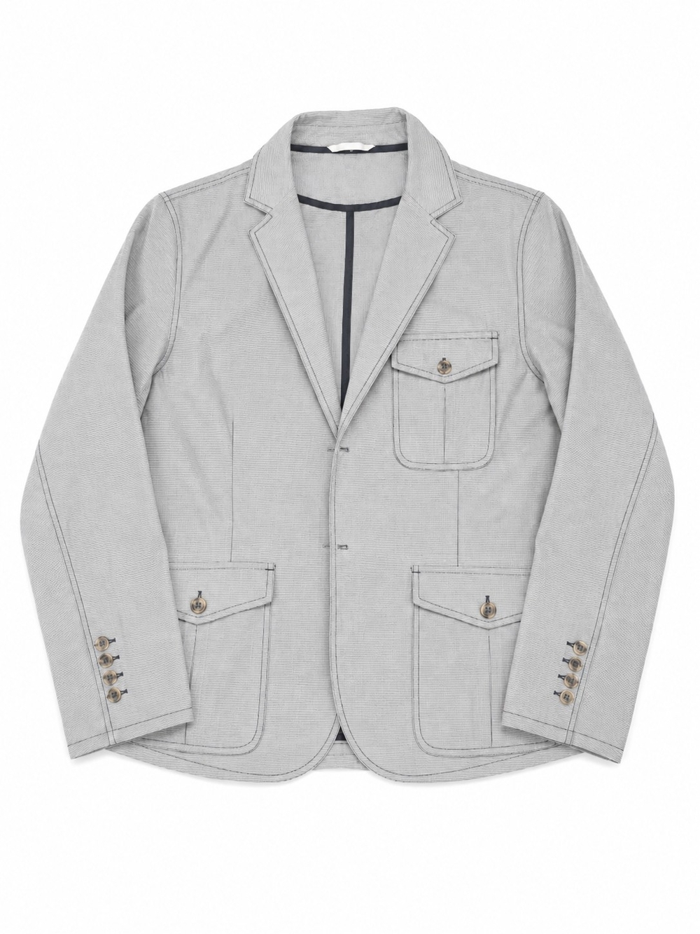 Striped Light Gray And White Casual Blazer Jacket With Sleeve Button Details